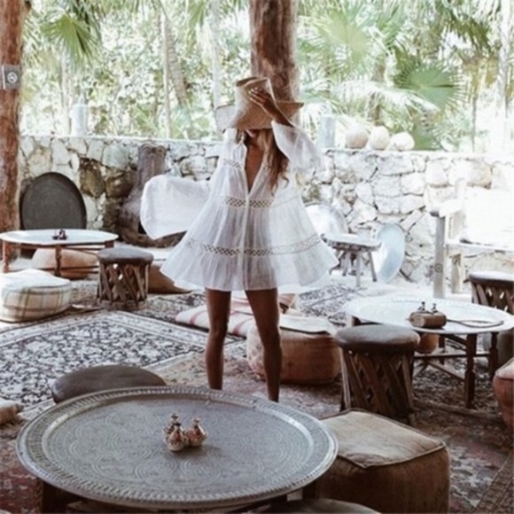 029 Bohemian White Buttonup Cut out Dress Top Cover up - Picture 5 of 5